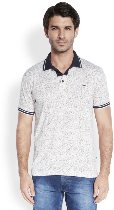 Park Avenue Printed Men Polo Neck Beige T-Shirt