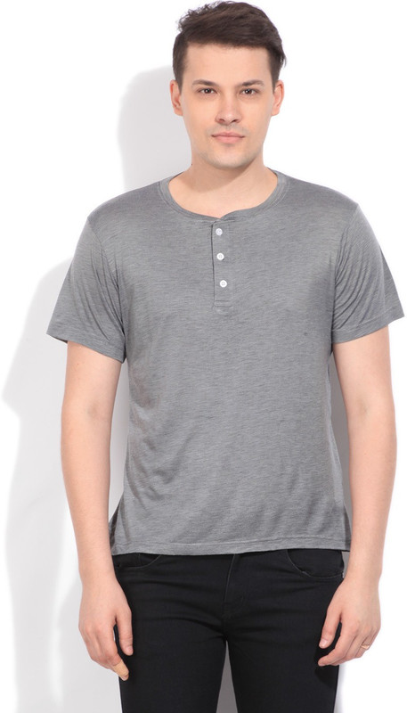 Flippd Solid Men Henley Grey T-Shirt