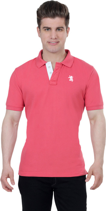 The Cotton Company Solid Men Polo Neck Pink T-Shirt