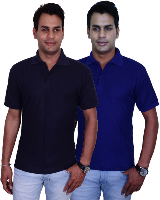 Blaze Solid Men Polo Neck Dark Blue, Blue T-Shirt(Pack of 2)