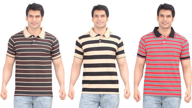 Zebu Striped Men Polo Neck Grey, Beige, Red T-Shirt(Pack of 3)
