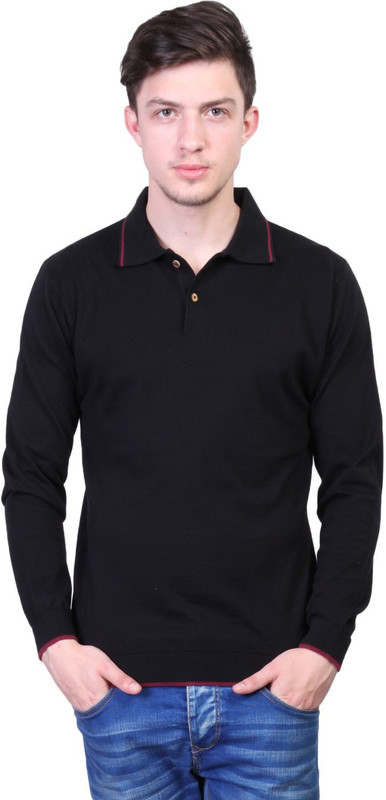 Kalt Solid Men Polo Neck Black T-Shirt
