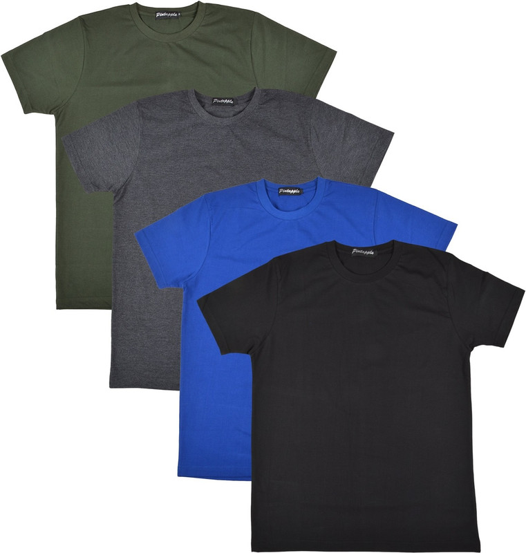 Pintapple Solid Men Round Neck Black, Blue, Grey, Dark Green T-Shirt(Pack of 4)