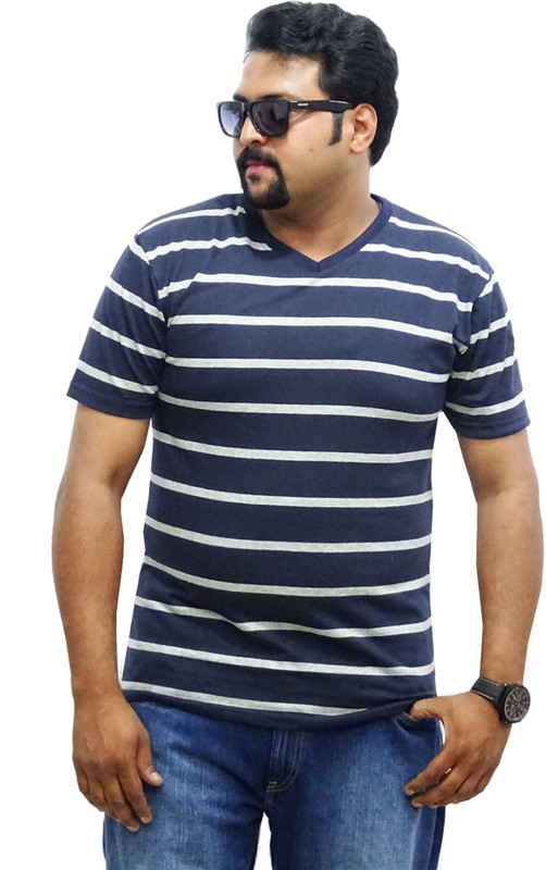 East West Striped Men V-neck Blue, Grey T-Shirt