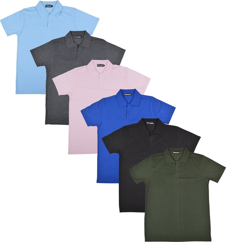 Pintapple Solid Men Polo Neck Black, Blue, Pink, Grey, Light Blue, Dark Green T-Shirt(Pack of 6)