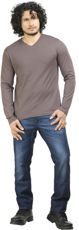 Oviyon Solid Men V-neck Grey T-Shirt