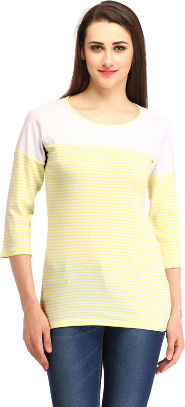 Cottinfab Casual Regular Sleeve Striped Women Yellow Top