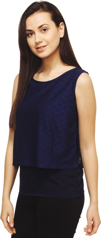 Adyuth Party Sleeveless Self Design Women Blue Top