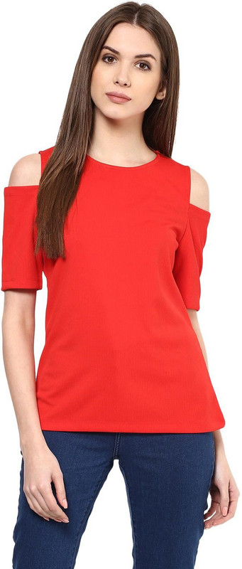 Harpa Casual Short Sleeve Solid Women Red Top