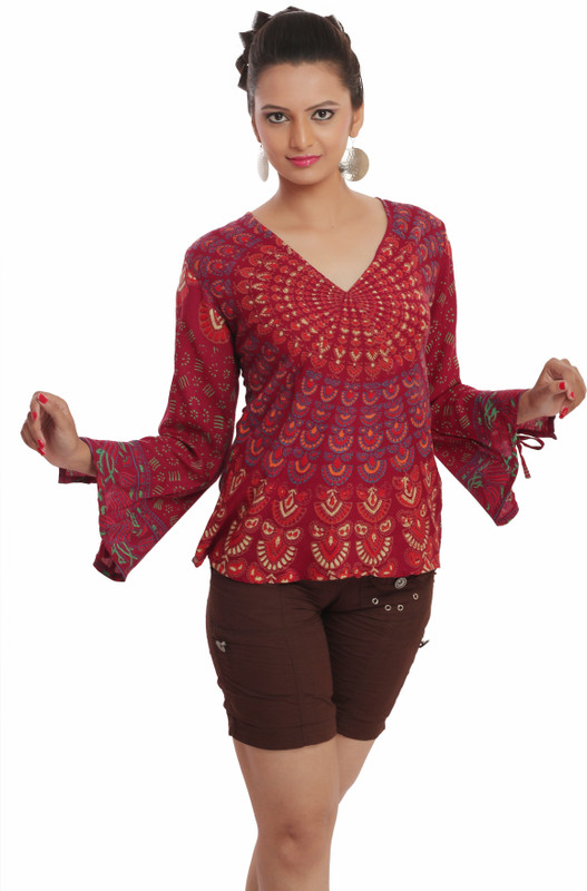 Indi Bargain Casual Full Sleeve Printed Women Maroon Top