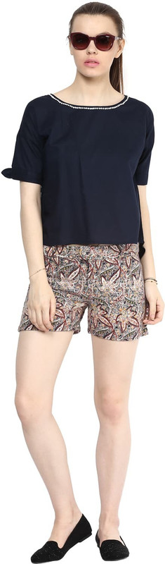 Florablanca Casual Short Sleeve Solid Women Blue Top