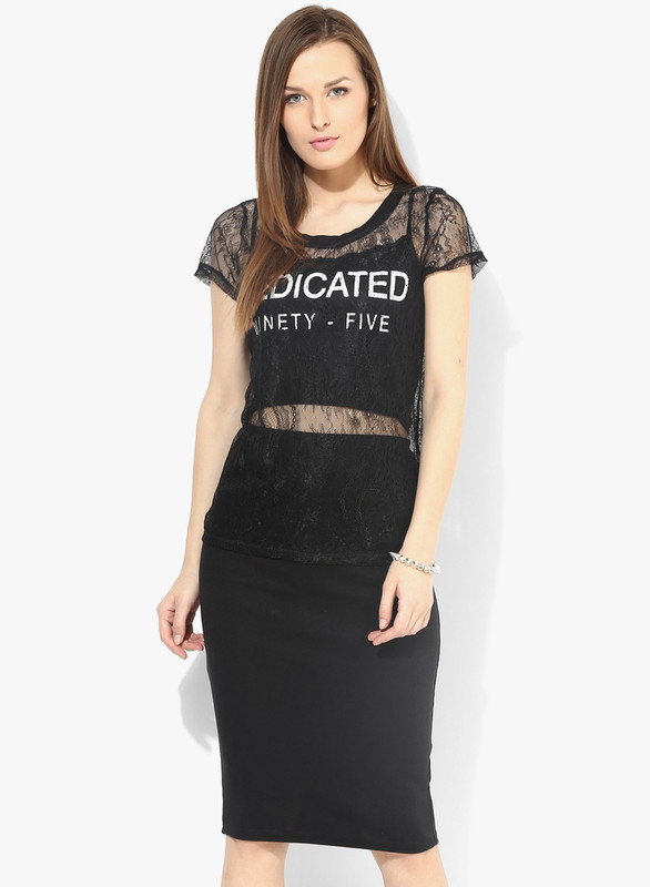 Only Casual Short Sleeve Solid Women Black Top