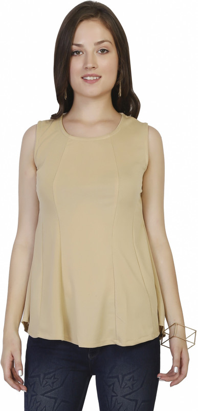 Bluntly Casual Sleeveless Solid Women Beige Top