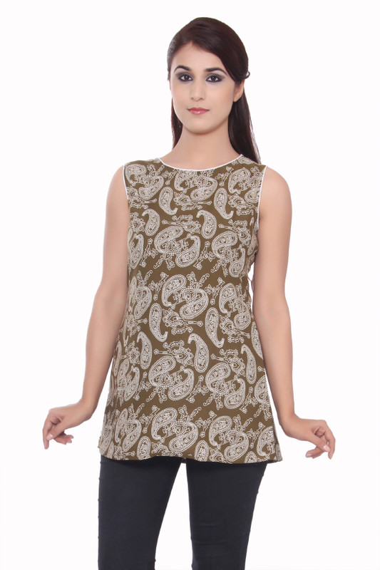 GMI Casual Sleeveless Printed Women Green, White Top