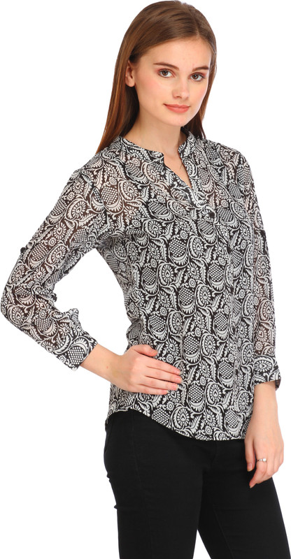 Cottinfab Casual 3/4 Sleeve Floral Print Women Black Top