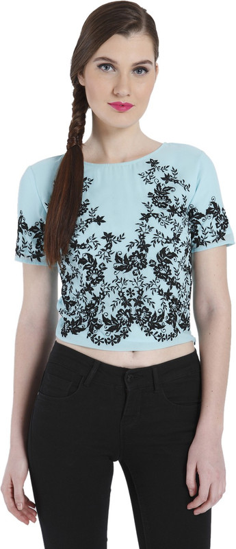 Vero Moda Casual Short Sleeve Embroidered Women Blue Top