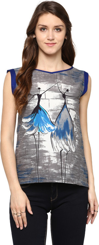 Jaipur Kurti Casual Sleeveless Graphic Print Women Grey Top
