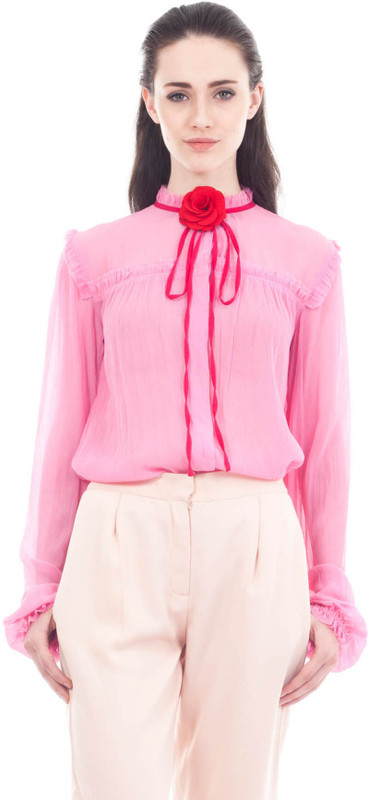 9teen Again Casual Ruffled Sleeve Solid Women Pink Top