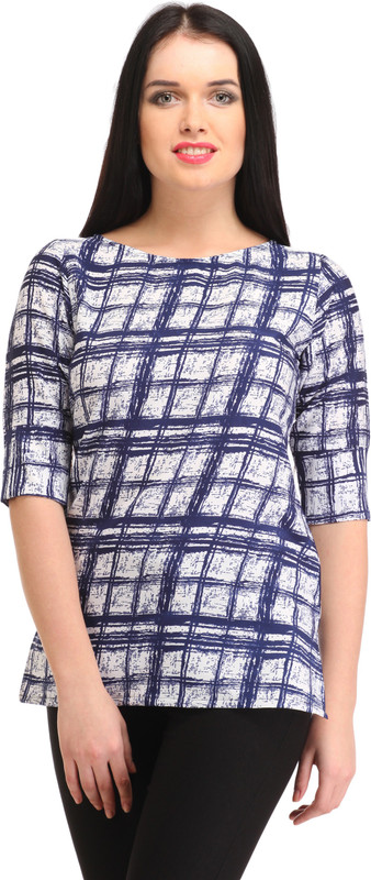 Cottinfab Casual Short Sleeve Checkered Women White Top