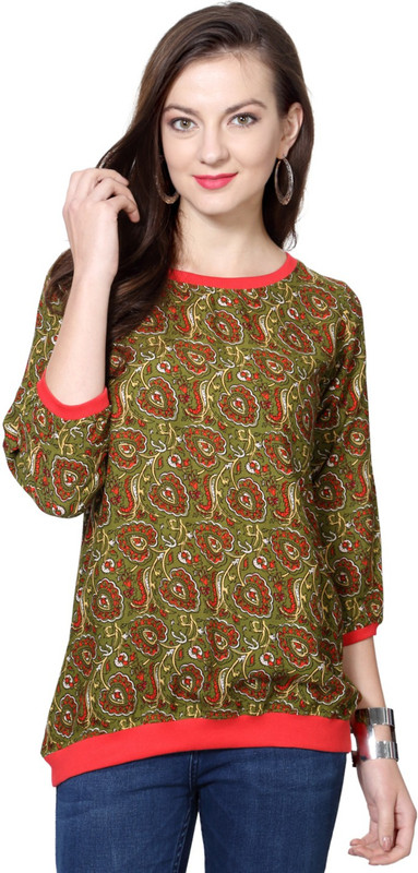 People Casual 3/4 Sleeve Printed Women Dark Green Top