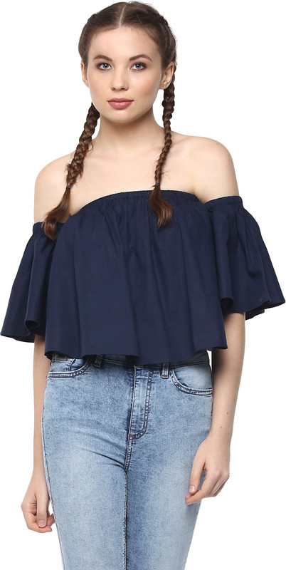 Harpa Casual Half Sleeve Solid Women Dark Blue Top