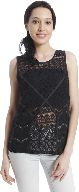 Vero Moda Casual Sleeveless Self Design Women Black Top