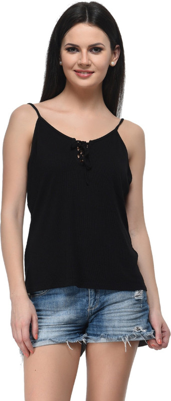 Frenchtrendz Casual Sleeveless Solid Women Black Top