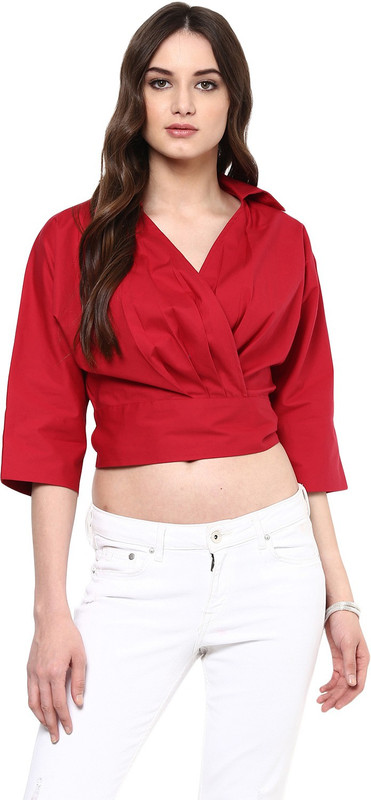 Harpa Casual 3/4 Sleeve Solid Women Red Top