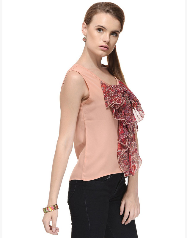 Albely Casual Sleeveless Printed Women Orange Top