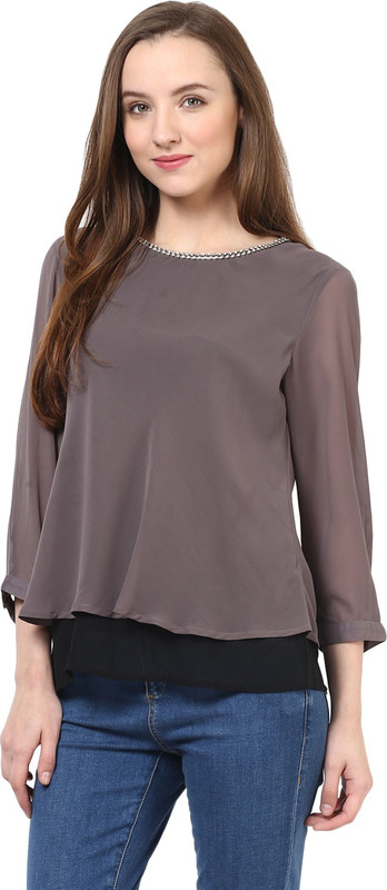 Rare Casual 3/4 Sleeve Solid Women Grey Top