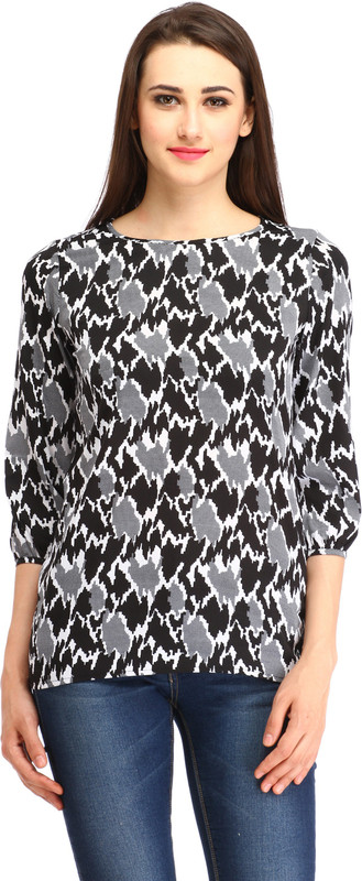 Cottinfab Casual 3/4 Sleeve Printed Women Black Top