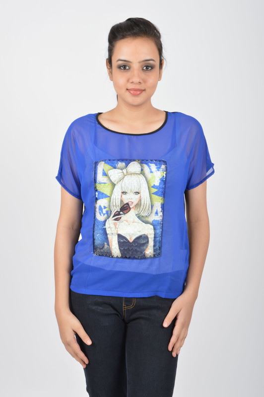 Merch21 Casual Short Sleeve Printed Women Dark Blue Top