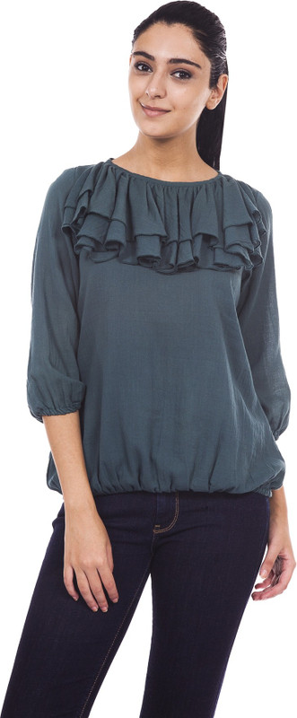 9teen Again Casual 3/4 Sleeve Solid Women Dark Green Top