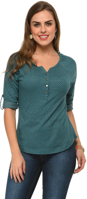 Frenchtrendz Casual Roll-up Sleeve Geometric Print Women Blue Top