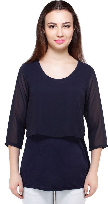 FashionFrame Casual 3/4 Sleeve Solid Women Dark Blue Top