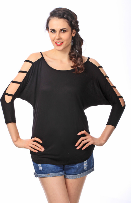 Fio Casual 3/4 Sleeve Solid Women Black Top
