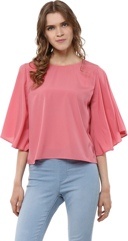 Harpa Casual Flared Sleeve Solid Women Pink Top Harpa Casual Flared Sleeve Solid Women Pink Top