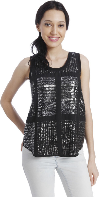 Vero Moda Casual No Sleeve Embellished Women Black Top