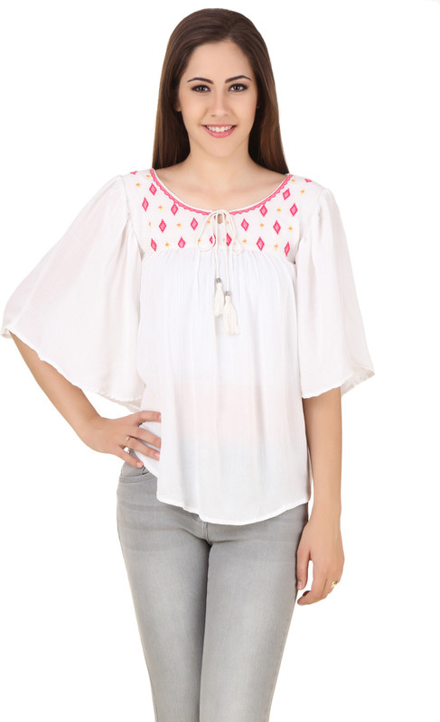Big Pout Casual Butterfly Sleeve Embroidered Women White Top