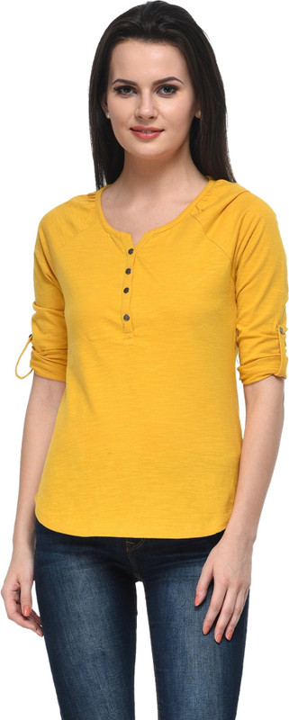Frenchtrendz Casual Roll-up Sleeve Solid Women Yellow Top