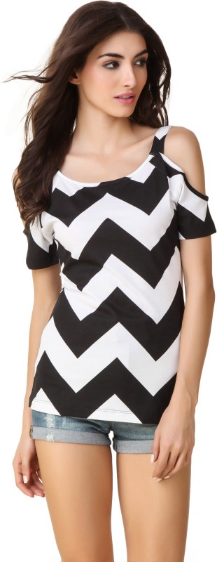 Texco Casual Cold Shoulder Chevron Women Black, White Top