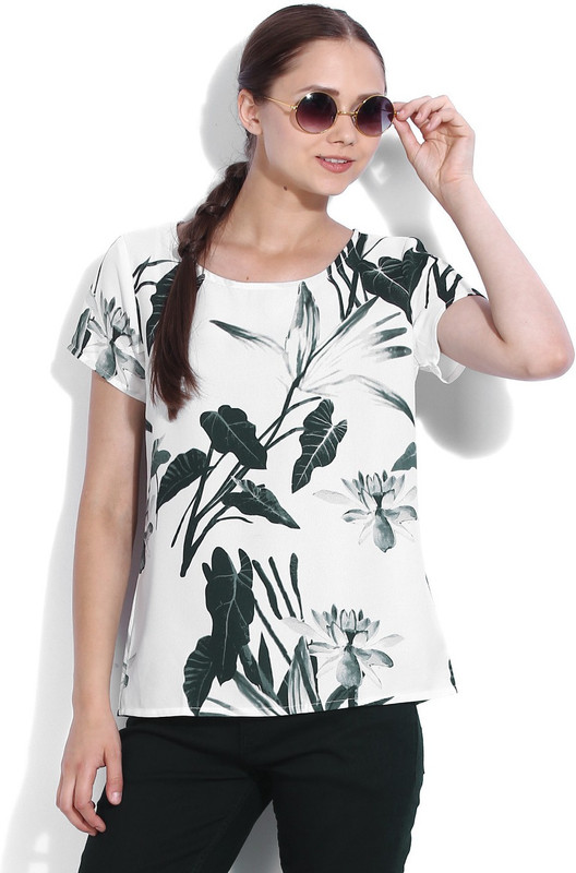 Van Heusen Casual Short Sleeve Printed Women White, Green, Black Top
