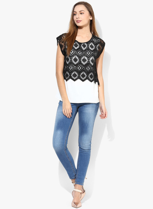 Vero Moda Casual Cap Sleeve Embroidered Women White, Black Top