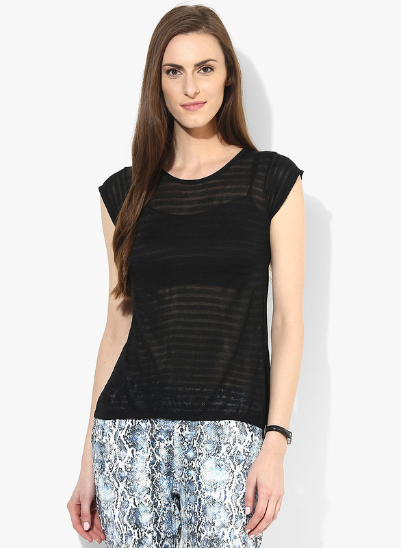 Vero Moda Casual Short Sleeve Striped Women Black Top