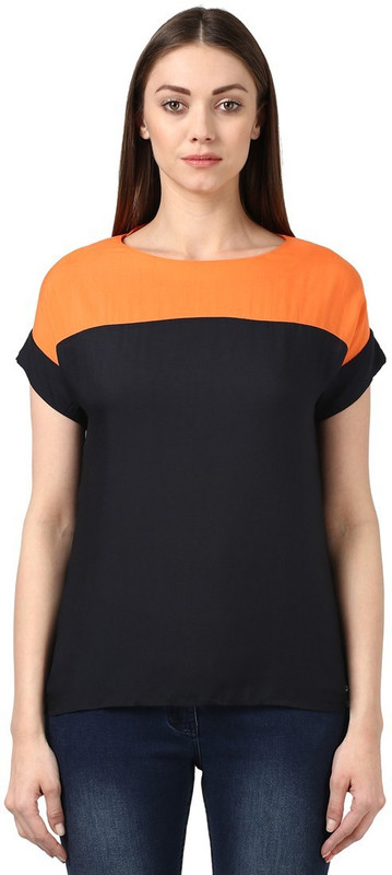 Park Avenue Casual Short Sleeve Solid Women Black, Orange Top