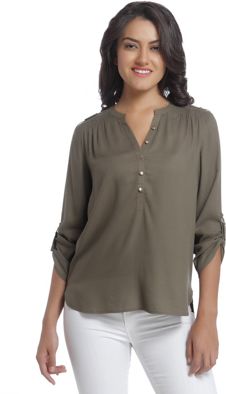Only Casual 3/4 Sleeve Solid Women Green Top