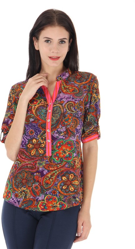 Just In Time Casual Roll-up Sleeve Floral Print Women Multicolor Top