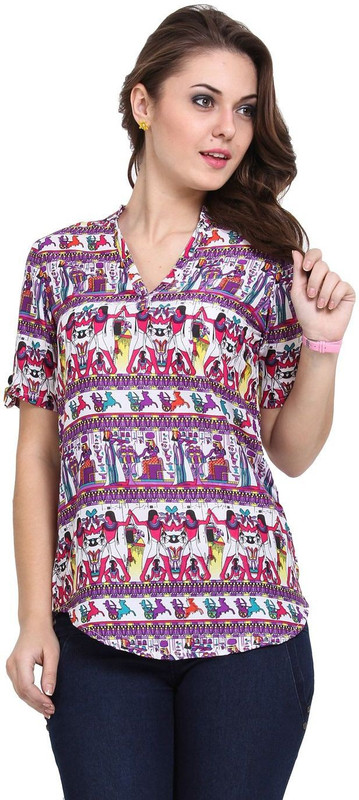 4 Aces Casual Short Sleeve Printed Women Multicolor Top
