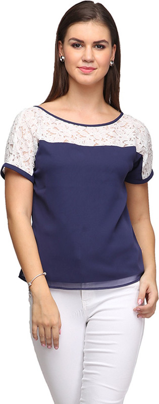 Eavan Casual Short Sleeve Solid Women Dark Blue Top