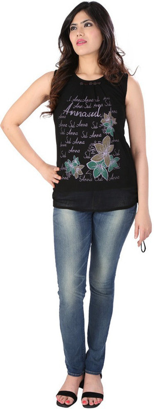 Dovekie Casual Sleeveless Self Design Women Black Top